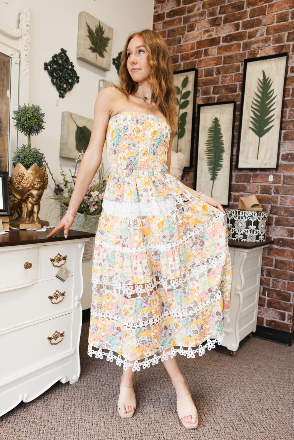 Strut & Bolt Floral Eyelet Strapless Midi Dress for Women in Yellow Multi at Glik's , M Strut & Bolt Floral Eyelet Strapless Midi Dress for Women in Yellow Multi at Glik's , M