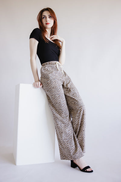 Leopard Print Drawstring Pants for Women in Brown