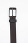 A dark brown leather belt with a matte black metal buckle, shown vertically against a plain white background.