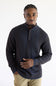 A man wearing a dark charcoal gray and navy blue textured knit sweater with a mock neck and blue cable-knit accents, paired with khaki pants, against a plain white studio background.