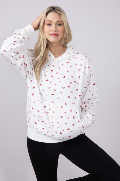 1897 Active Embroidered All Over Print Cherry & Bows Hoodie for Women in Ivory