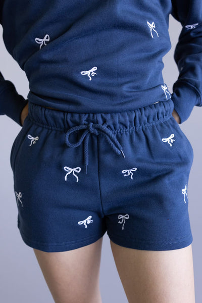 1897 Active Embroidered Bow Fleece Shorts for Women in Indigo Blue