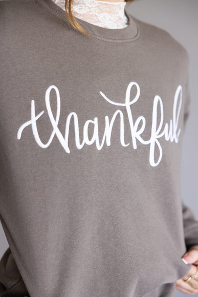 1897 Active Thankful Embroidered Fleece Sweatshirt for Women in Fossil | GT052-THANKFUL-FOSSIL