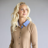 Aaron & Amber Cable Knit Mixed Media Button Front Top for Women in Taupe