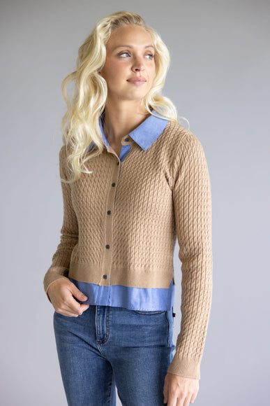 Aaron & Amber Cable Knit Mixed Media Button Front Top for Women in Taupe