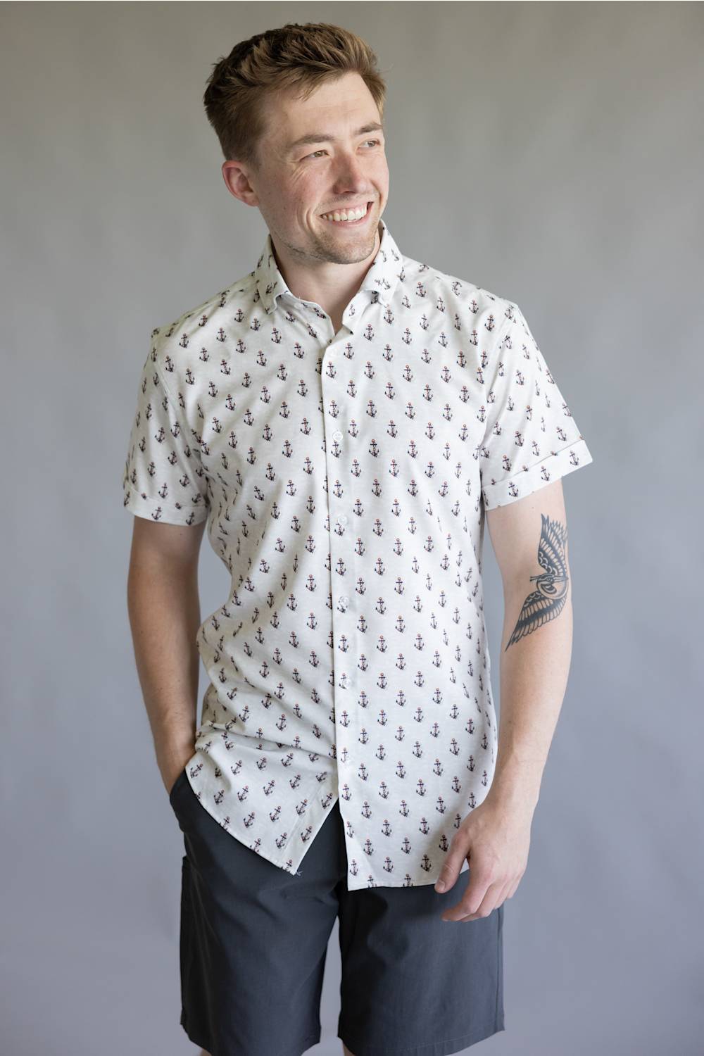 silver men dress shirt Anchors & Flags Pattern Button Down Shirt for Men in Silver at Glik's , L