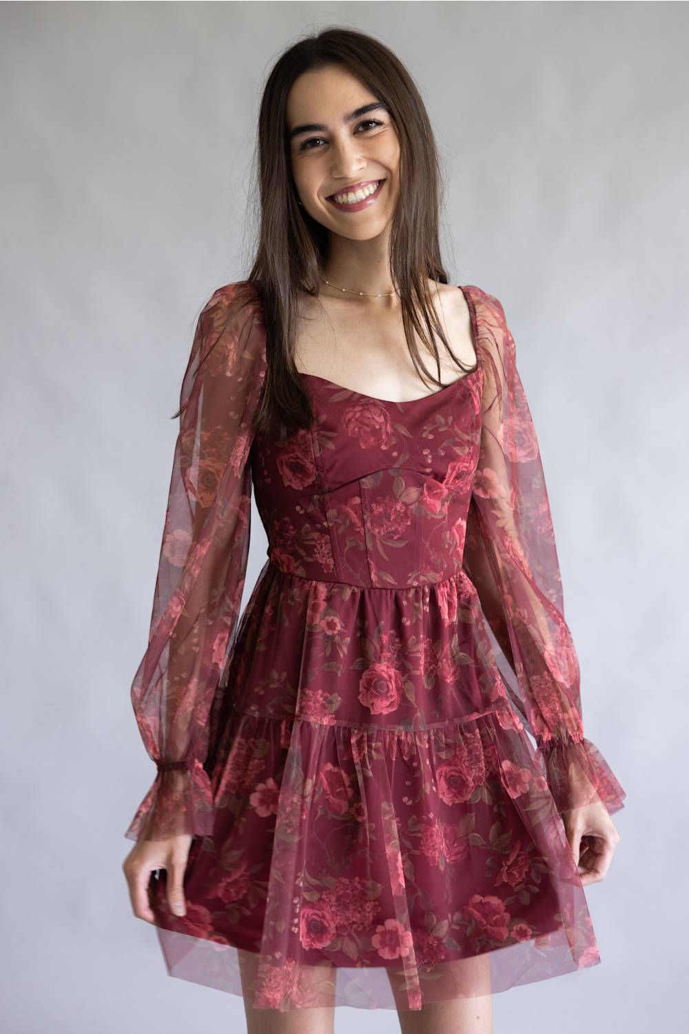 Blu Pepper Floral Long Sleeve Mini Dress for Women in Burgundy