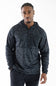 A man wearing a dark gray and black camouflage patterned quarter-zip hoodie with a chest pocket, photographed against a solid white background.