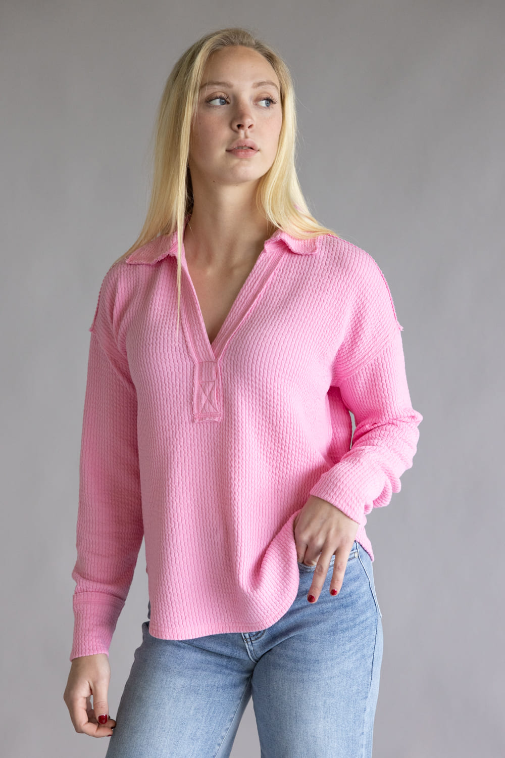 Blu Pepper Ribbed Knit Johnny Collar Top for Women in Light Pink