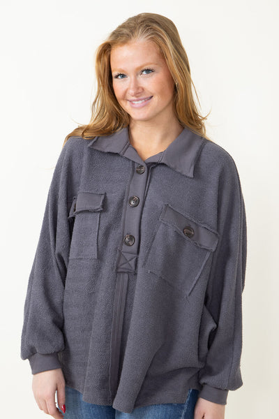 Bucketlist French Terry Button Up Sweater for Women in Grey
