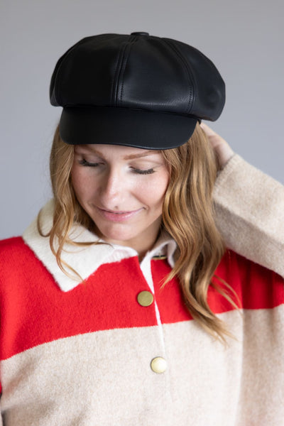 C.C. Faux Leather Newsboy Hat for Women in Black