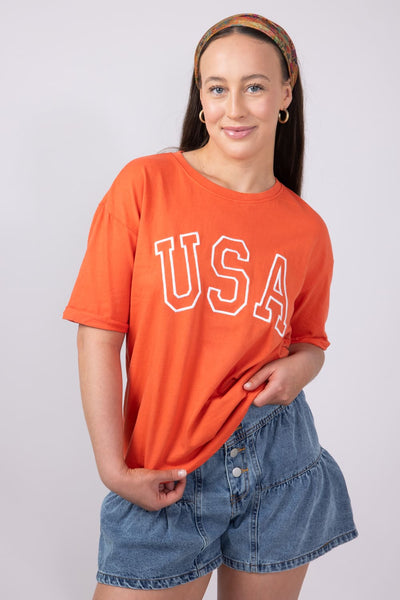 C&C California Melissa Sunwashed USA Girlfriend T-Shirt for Women in Red Orange