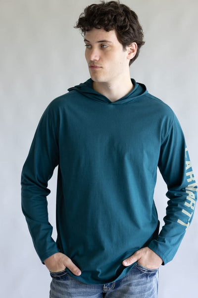 Carhartt Force Relaxed Fit Midweight Long Sleeve Logo Hooded T-Shirt for Men in Greenstone | 106654-GM1