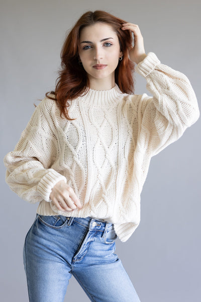 Elan Cable Knit Sweater for Women in Off White