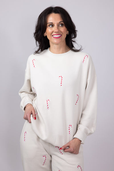 1897 Active Candy Cane Embroidered Fleece Sweatshirt for Women in Beige