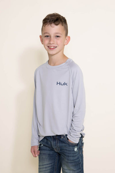 Huk Fishing Youth KC Flag Fish Pursuit Long Sleeve T-Shirt for Boys in Grey