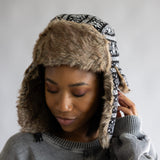 Faux Fur Trapper Hat for Women in Snowflake Black