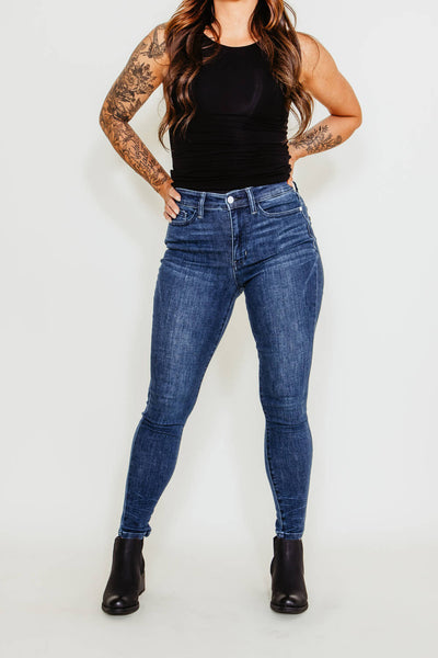 Judy Blue Mid Rise Classic Crinkle Ankle Skinny Jeans for Women