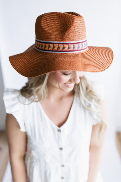 Straw Wide Brim Hat with Band for Women in Rust
