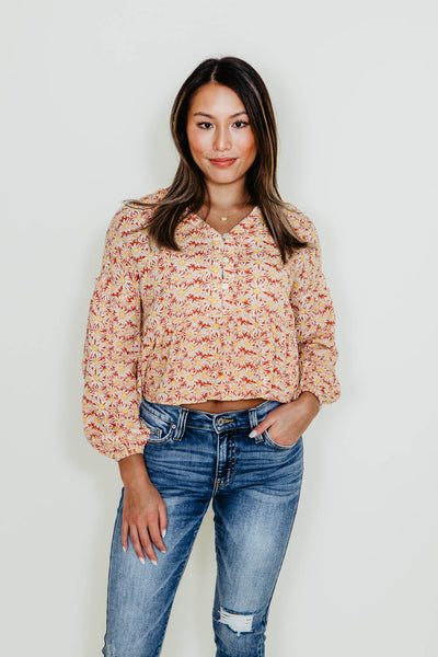 Simply Southern for Women Flower Button Top Crop Blouse for Women in Peach Orange