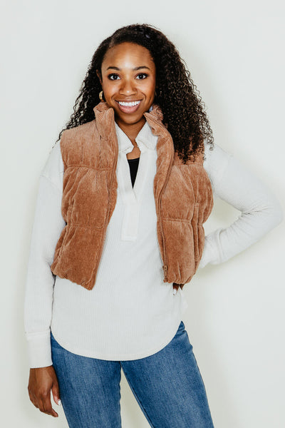 Love Tree Cropped Corduroy Puffer Vest for Women in Brown