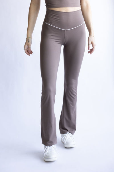Love Tree Piping Detail Flare Leggings for Women in Mocha | 60061PN-MOCHA