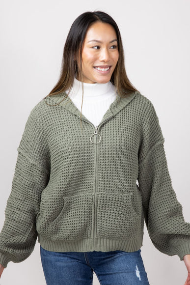 Miracle Textured Hooded Zip Sweater for Women in Sage
