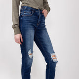 Risen Dark Wash High Rise Distressed Skinny Jeans for Women