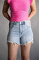 Risen High Rise Fray Hem Denim Shorts for Women