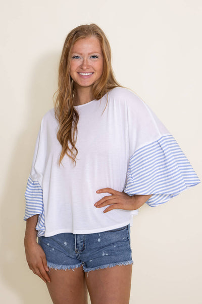 Ruffle Sleeve Cover Up Top for Women in White and Blue