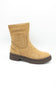 A tan suede ankle boot with a dark brown sole, shown from a side profile view against a plain white background.