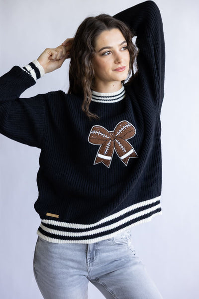 Simply Southern Harper Football Bow Sweater for Women in Black