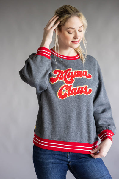 Simply Southern Holiday Mama Claus Varsity Crew Sweatshirt for Women in Gray