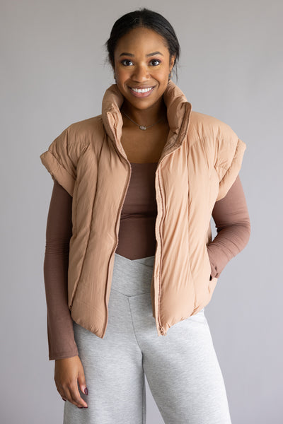 Simply Southern Lottie Puffer Vest for Women in Umber Brown