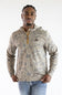 A man wearing a camouflage-patterned pullover hoodie with a quarter-zip collar and a small chest logo patch, paired with blue jeans, against a plain white studio background.
