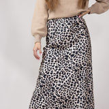 Satin Leopard Print Midi Skirt for Women in Animal Print