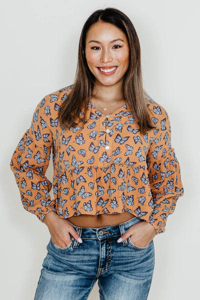 Womens Simply Southern Butterfly Button Top Crop Blouse for Women in Coral Orange