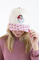 Model wearing the Simply Southern Classic Santa Holiday Hat for Women in Cream and Red, featuring an embroidered vintage Santa Claus patch on the cream front, a pink patterned brim with red bows and candy canes, paired with a dusty pink sweatshirt.