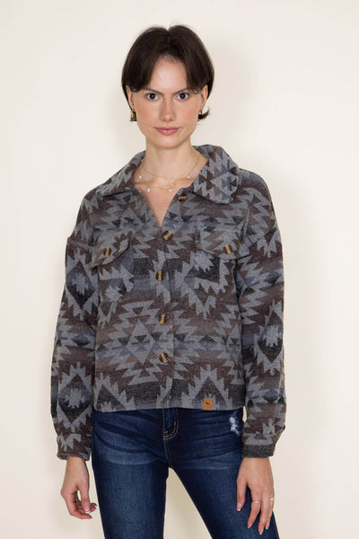Womens Simply Southern Cropped Navajo Shacket for Women in Grey/Brown