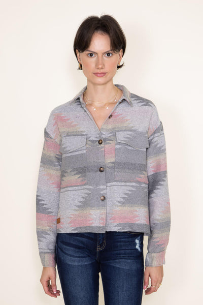 Womens Simply Southern Cropped Pattern Shacket for Women in Grey
