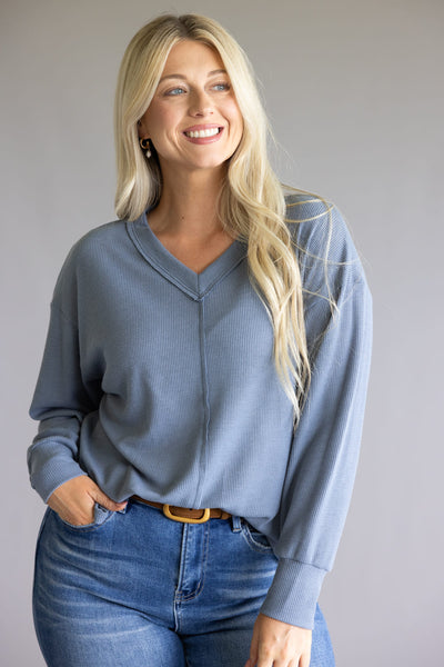 Thermal V-Neck Oversized Top for Women in Blue Slate