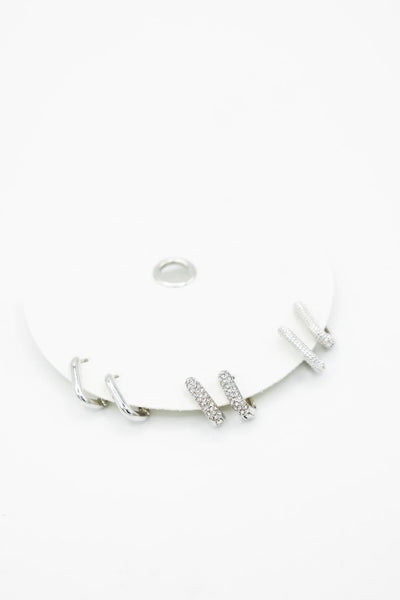 Three Pair Oval Huggie Earrings in Silver