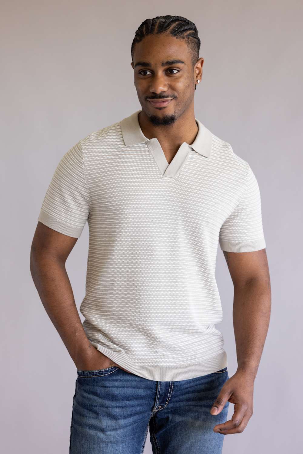 Vintage Summer Striped Knit Sweater Polo for Men in Tan | V88901
