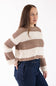 Pink Rose Wide Striped Sweater for Women in Tan/White wearing a wide tan-and-white-striped crewneck sweater with long sleeves, paired with dark blue jeans.