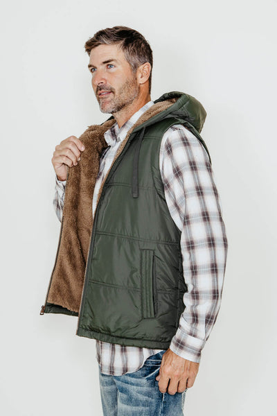 Weatherproof Sherpa Lined Puffer Vest for Men in Deep Olive