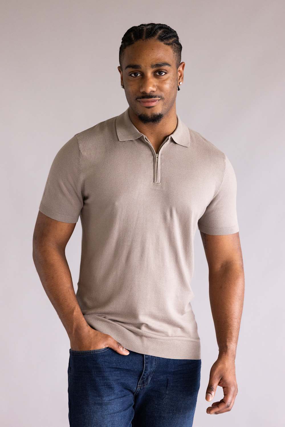 Denim & Flower Zip Sweater Polo for Men in Taupe | STPPA-358-TAUPE