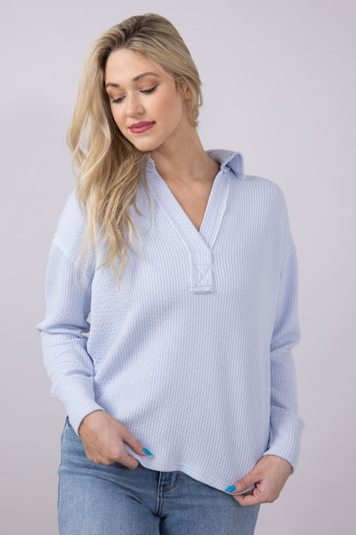Blu Pepper Ribbed Knit Johnny Collar Polo Shirt for Women in Blue Grey