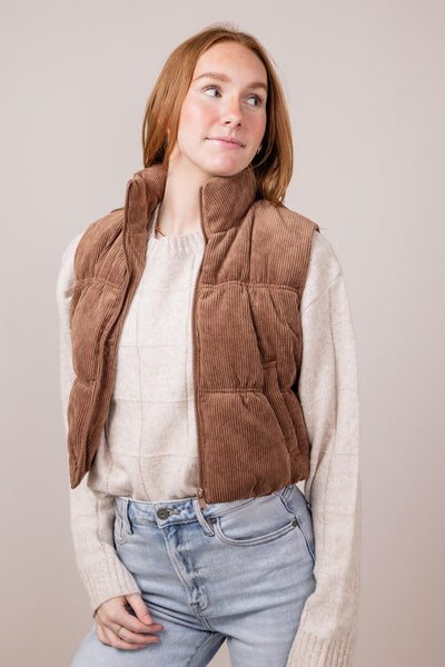 Love Tree Cropped Corduroy Puffer Vest for Women in Cocoa 5101VH
