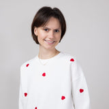 1897 Active Embroidered Hearts Fleece Crewneck for Women in Ivory Red