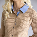 Aaron & Amber Cable Knit Mixed Media Button Front Top for Women in Taupe